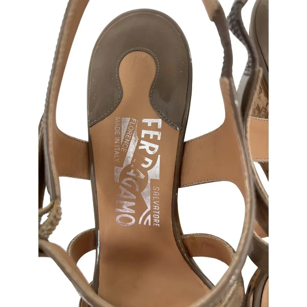 Salvatore Ferragamo Brown Patent Leather Cork‎ Wedge Sandals Adjustable 9.5